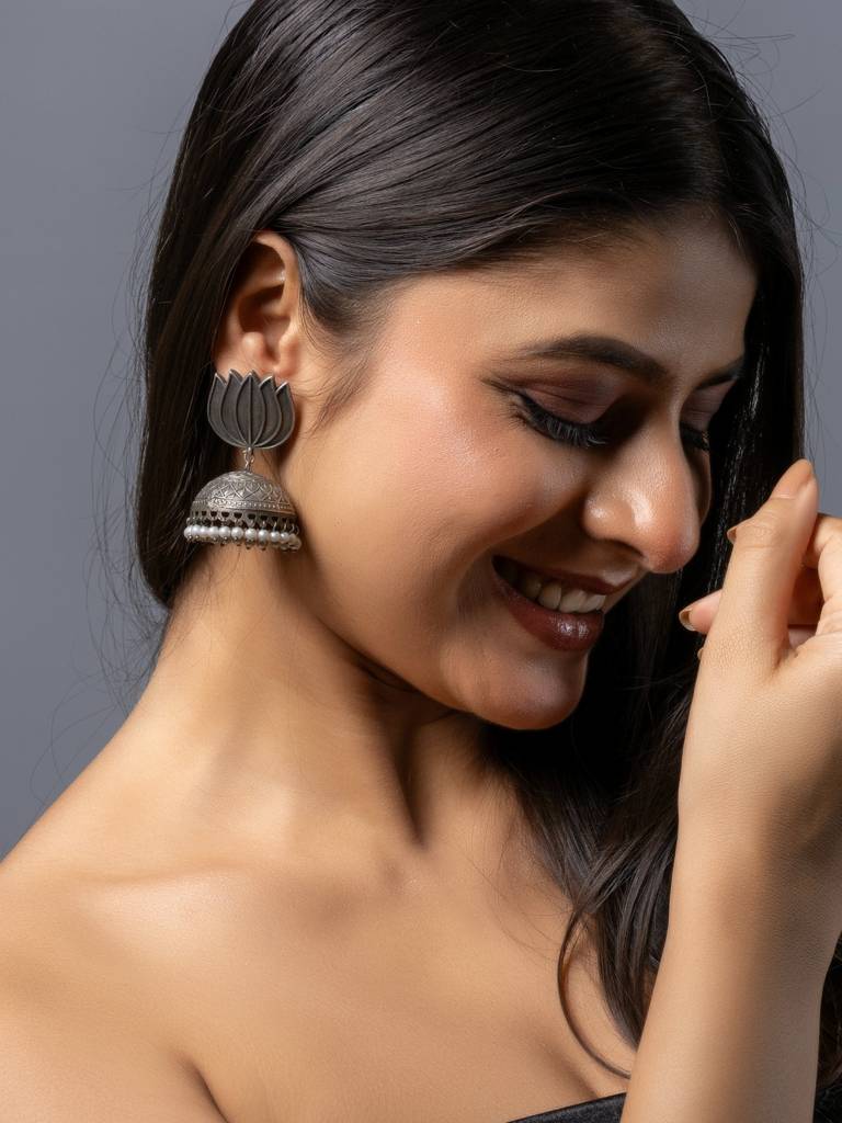 Oxidised Silver Lotus Stud Jhumka Earrings : LAAER803