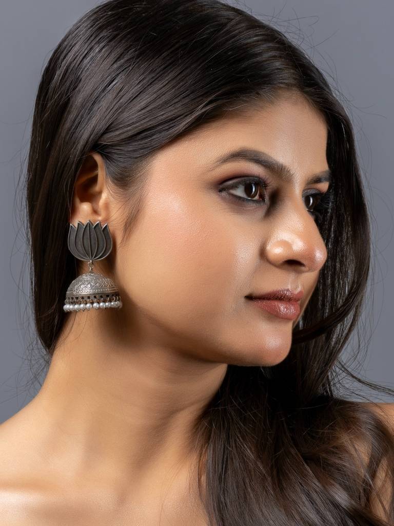 Oxidised Silver Lotus Stud Jhumka Earrings : LAAER803