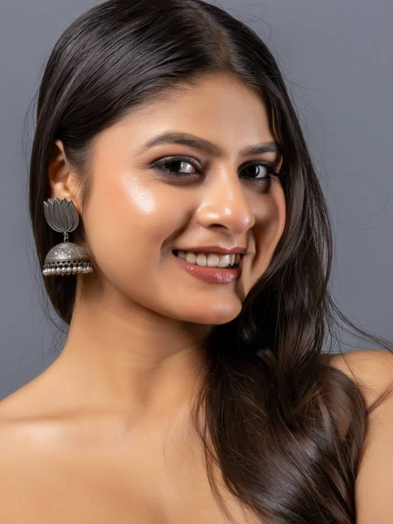 Oxidised Silver Lotus Stud Jhumka Earrings : LAAER803