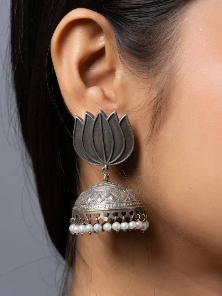 Oxidised Silver Lotus Stud Jhumka Earrings : LAAER803