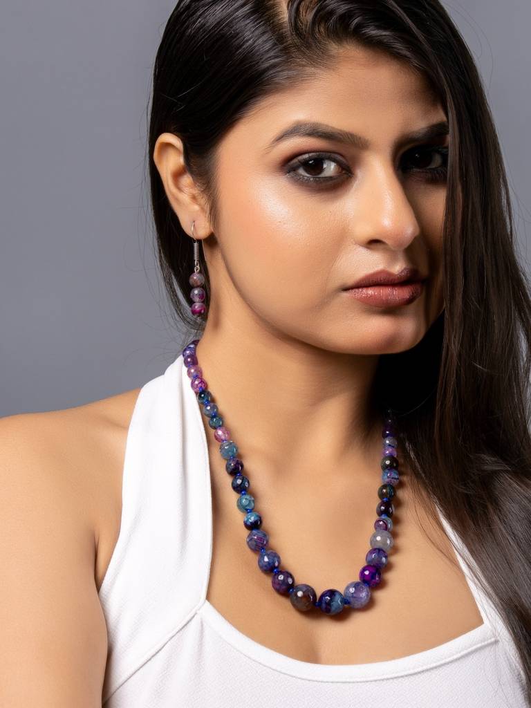 Purple Blue Graduation Onyx Necklace Set With Earrings : LAAJS06
