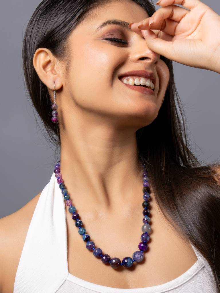 Purple Blue Graduation Onyx Necklace Set With Earrings : LAAJS06