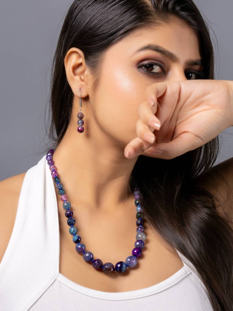 Purple Blue Graduation Onyx Necklace Set With Earrings : LAAJS06