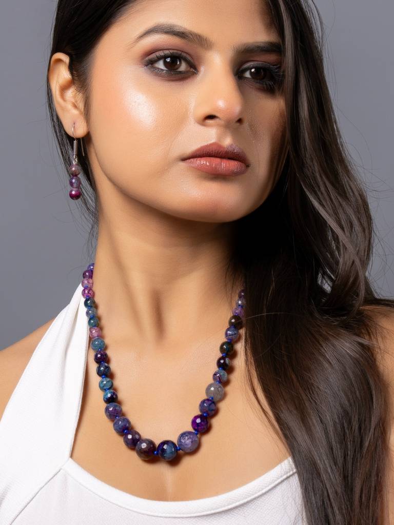 Purple Blue Graduation Onyx Necklace Set With Earrings : LAAJS06