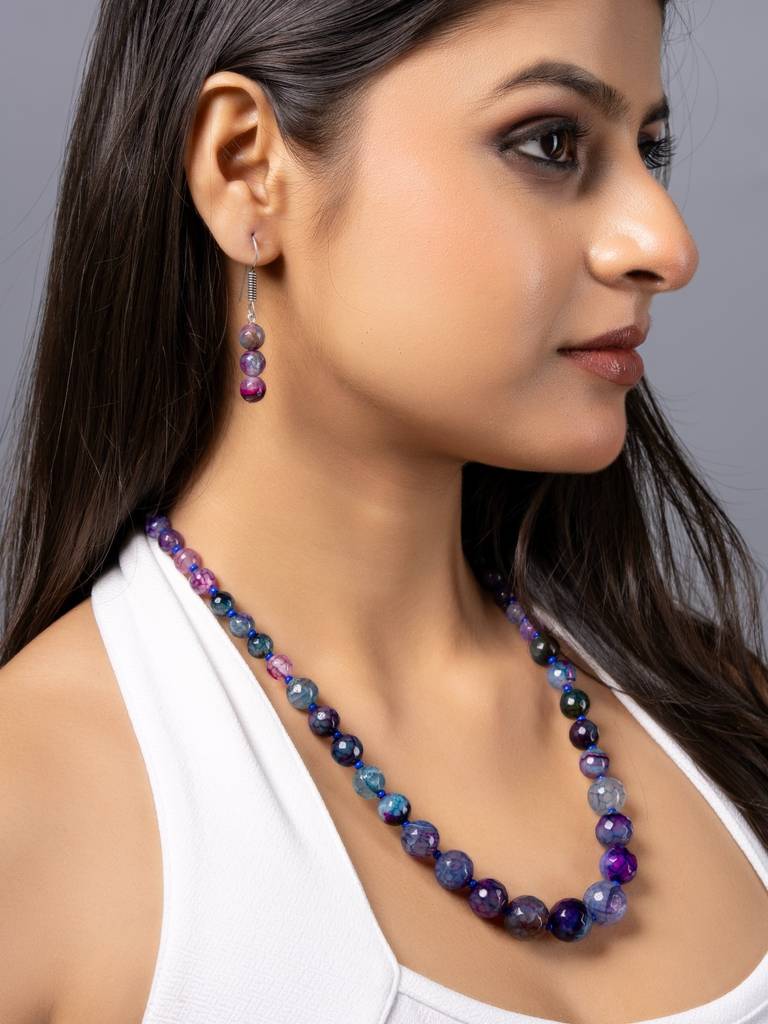 Purple Blue Graduation Onyx Necklace Set With Earrings : LAAJS06