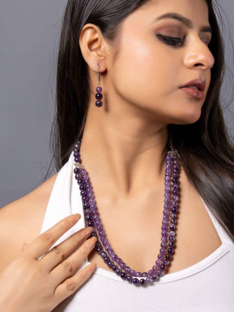 Natural Amethyst Double Layered Necklace Set With Earrings : LAAJS07