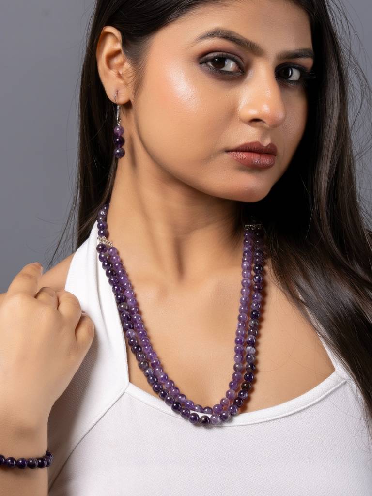 Natural Amethyst Double Layered Necklace Set With Earrings : LAAJS07