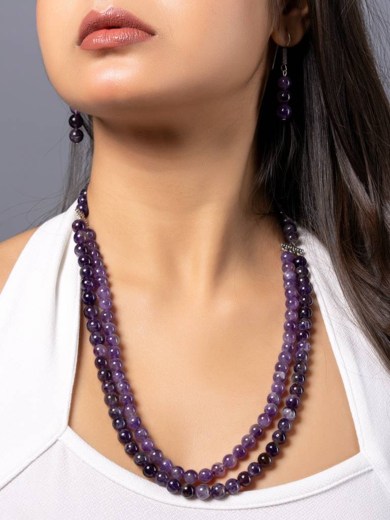 Natural Amethyst Double Layered Necklace Set With Earrings : LAAJS07