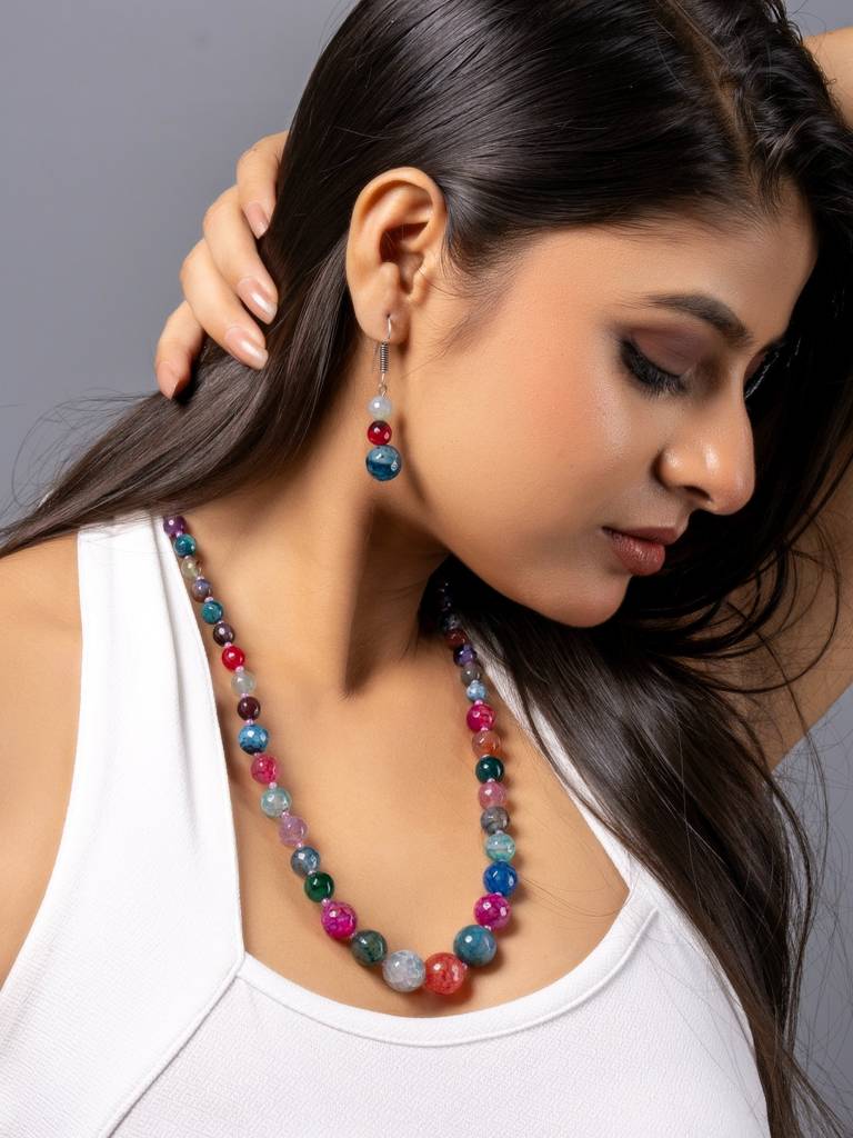 Pink Blue Green Multicolor Dragon Veined Onyx Necklace Set With Earrings : LAAJS10