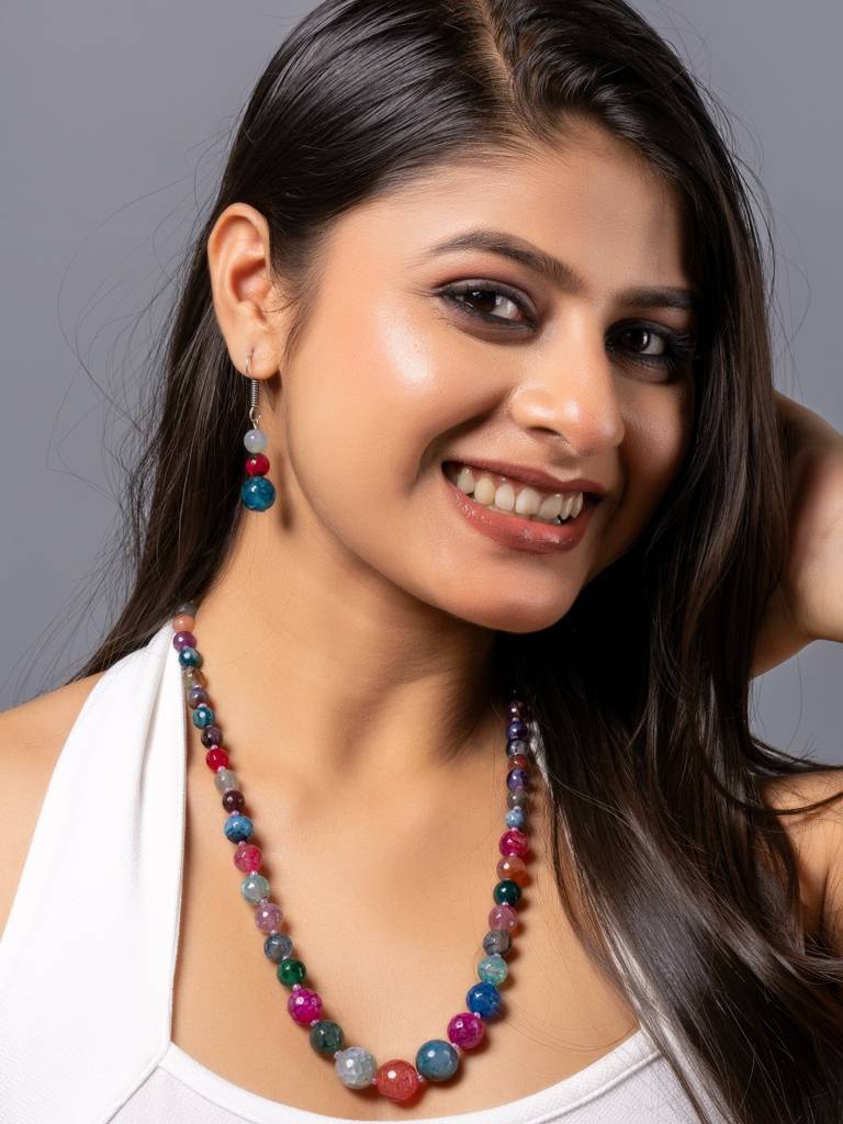 Pink Blue Green Multicolor Dragon Veined Onyx Necklace Set With Earrings : LAAJS10