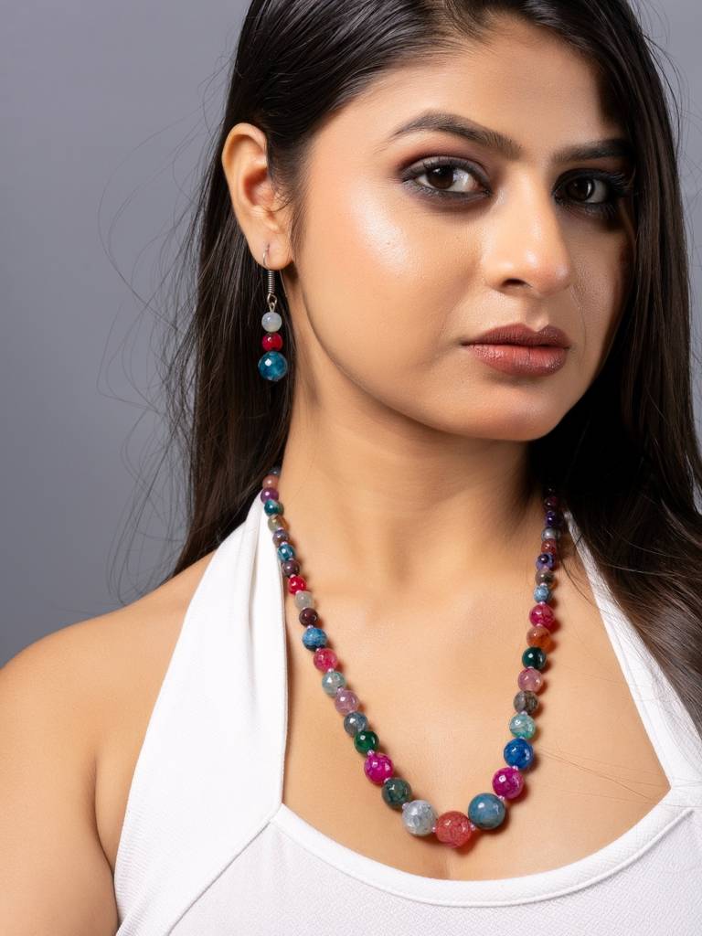 Pink Blue Green Multicolor Dragon Veined Onyx Necklace Set With Earrings : LAAJS10