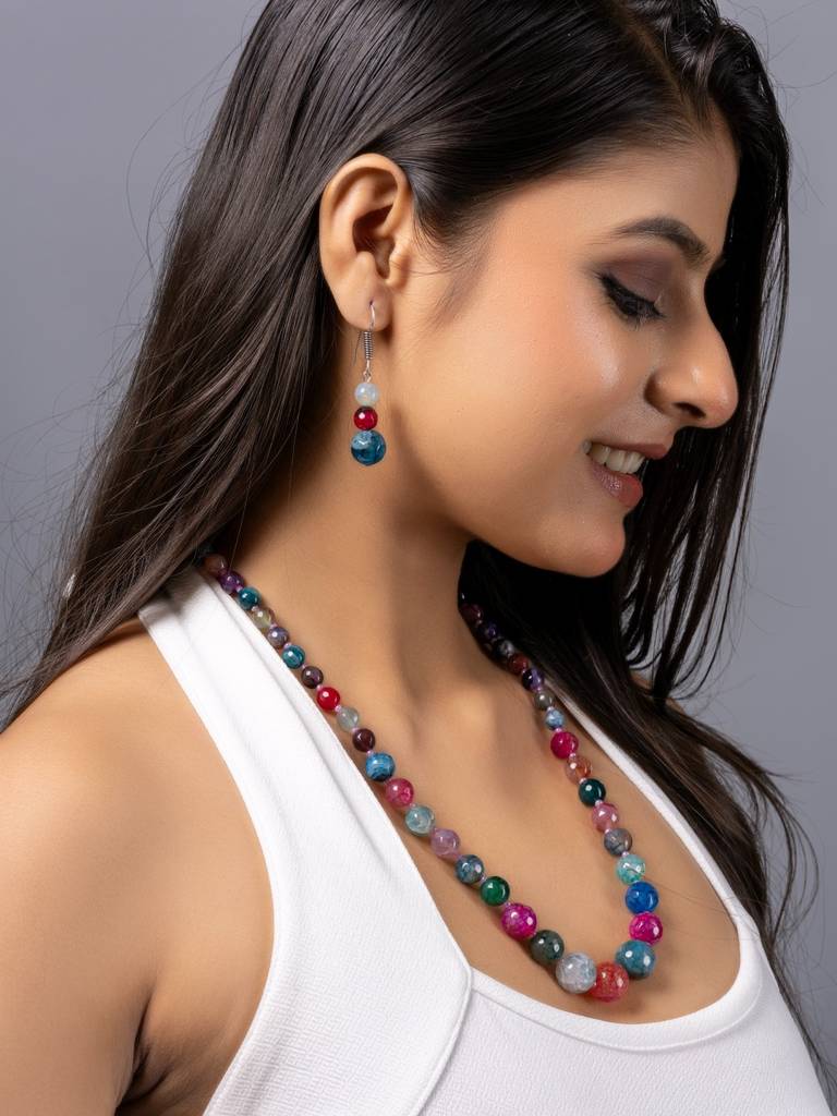 Pink Blue Green Multicolor Dragon Veined Onyx Necklace Set With Earrings : LAAJS10