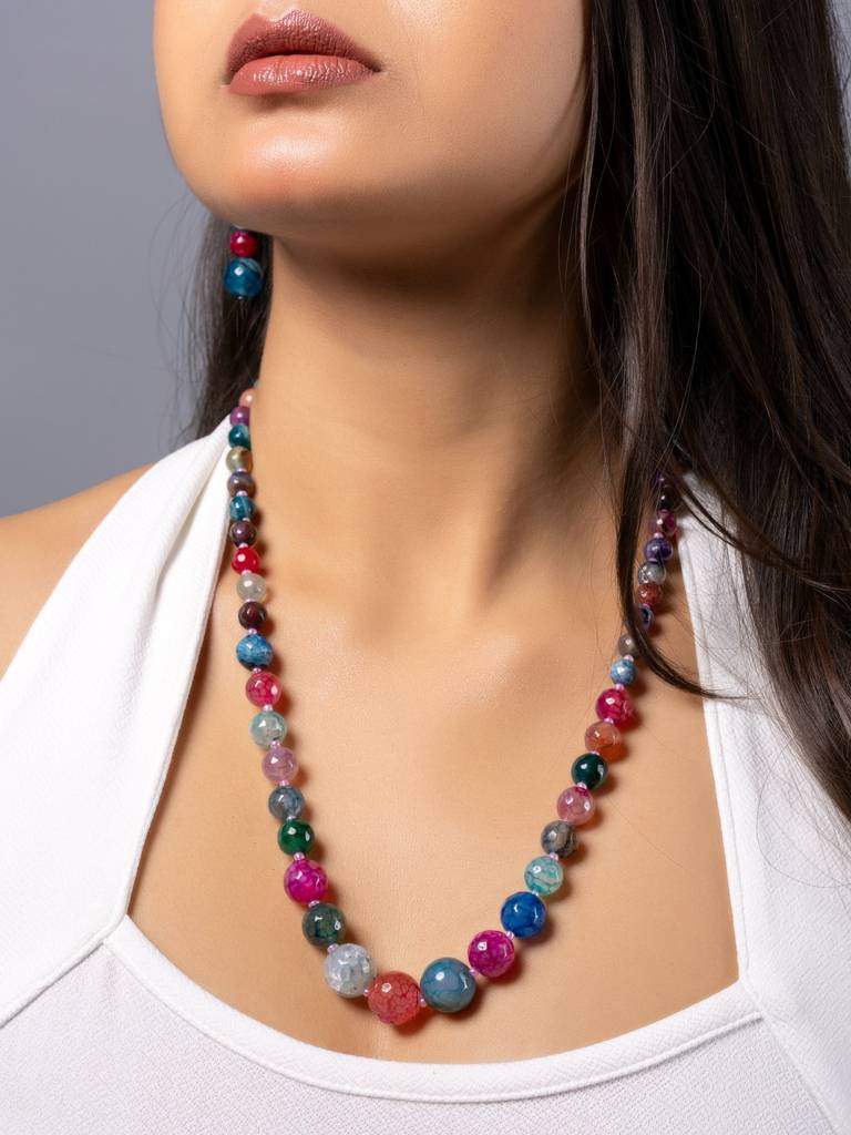 Pink Blue Green Multicolor Dragon Veined Onyx Necklace Set With Earrings : LAAJS10