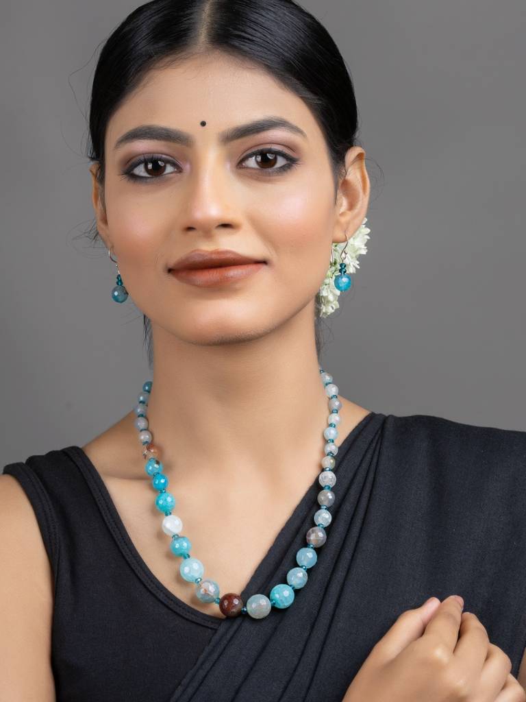 Semi Precious Blue Onyx Necklace Set With Earrings : LAANP179