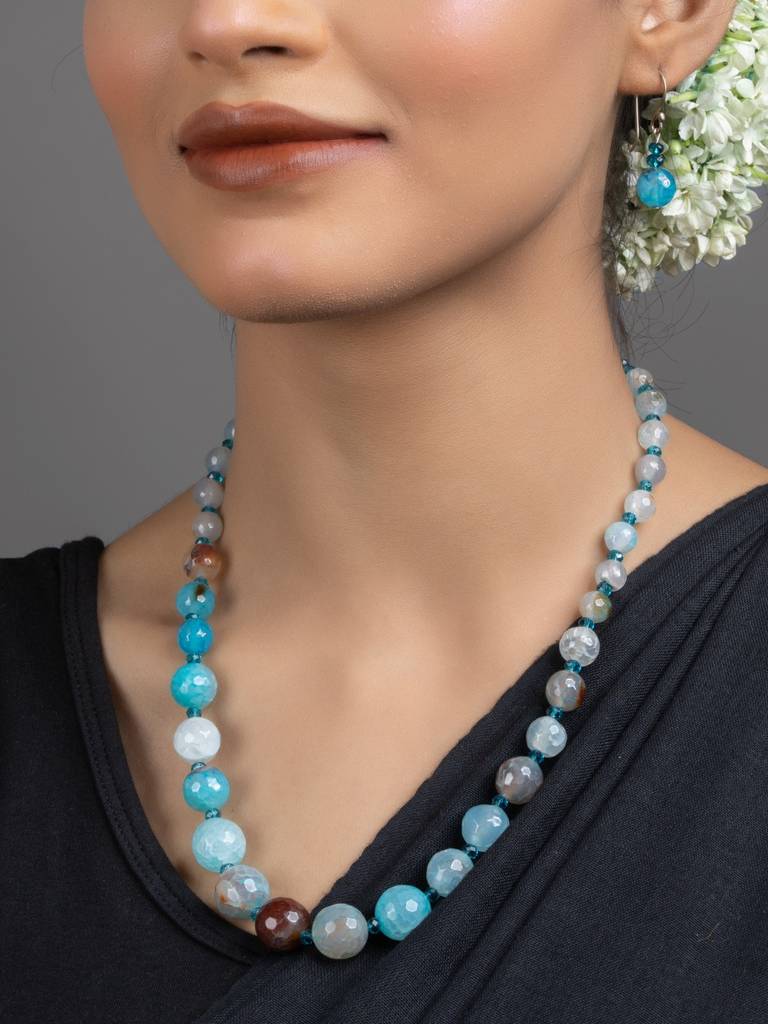 Semi Precious Blue Onyx Necklace Set With Earrings : LAANP179