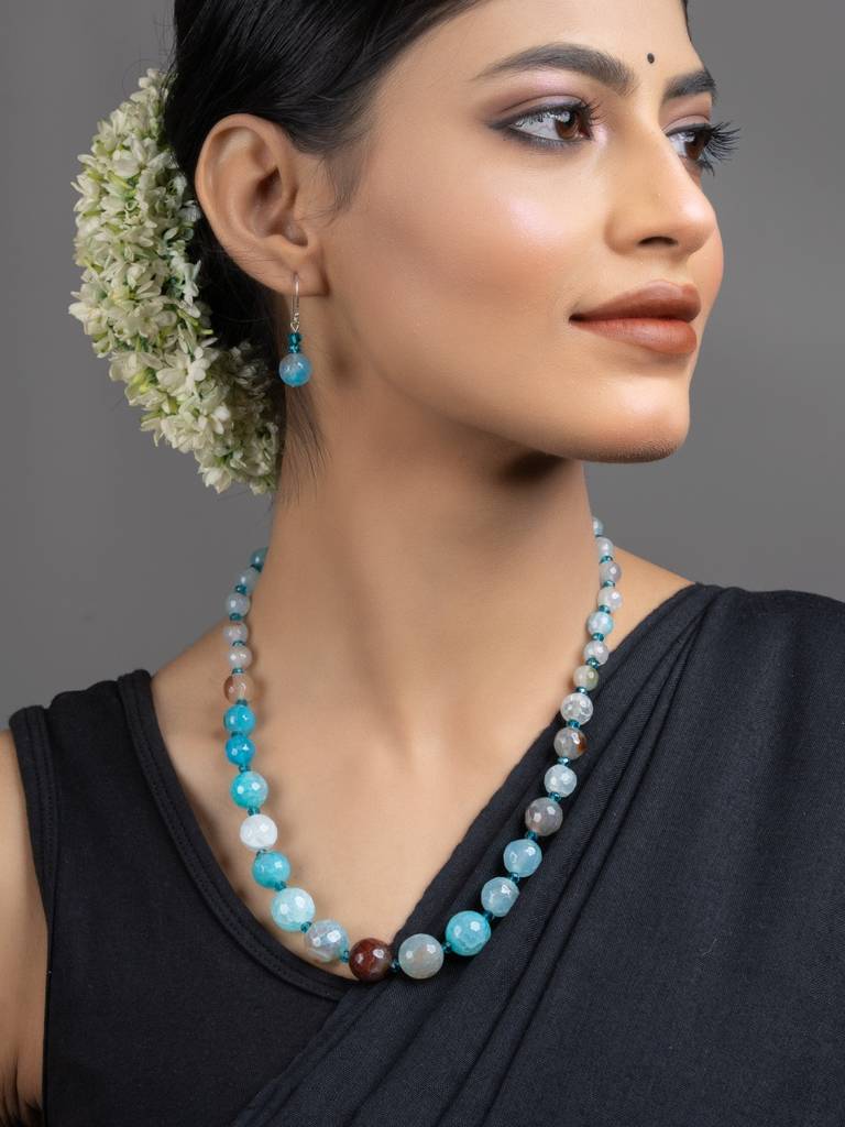 Semi Precious Blue Onyx Necklace Set With Earrings : LAANP179