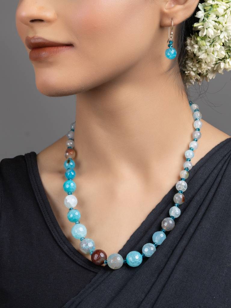 Semi Precious Blue Onyx Necklace Set With Earrings : LAANP179