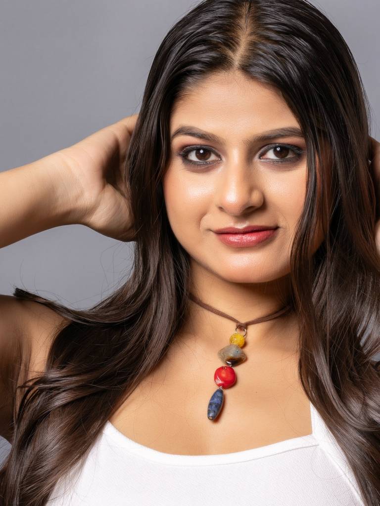 Semi Precious Brown Yellow Onyx Red Coral Blue Lapis Lazuli Sleek Necklace With Adjustable Suede Cord : LAANP282
