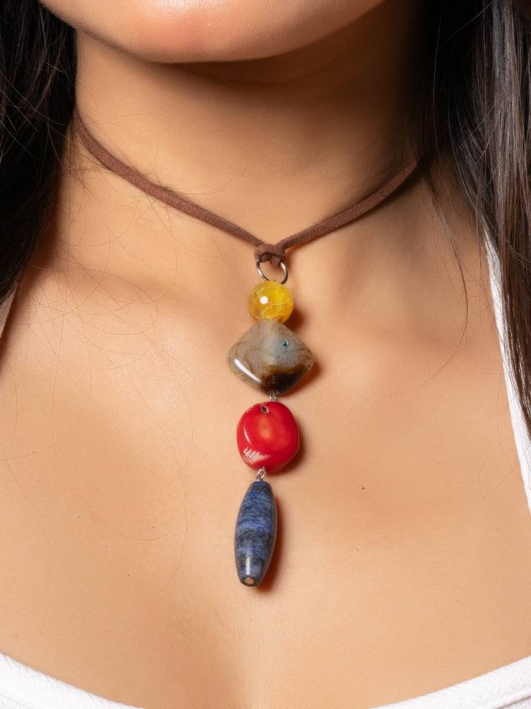 Semi Precious Brown Yellow Onyx Red Coral Blue Lapis Lazuli Sleek Necklace With Adjustable Suede Cord : LAANP282
