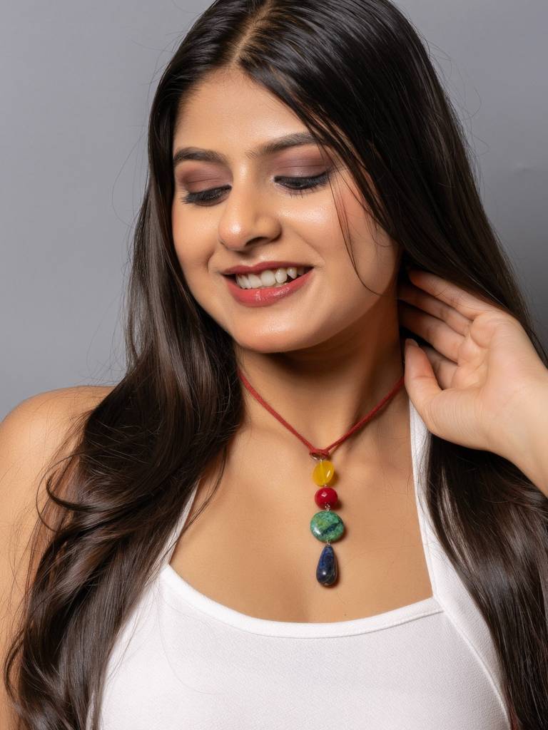 Semi Precious Yellow Red Green Blue Onyx Agate Chrysocholla Lapis Lazuli Sleek Necklace With Adjustable Suede Cord : LAANP289