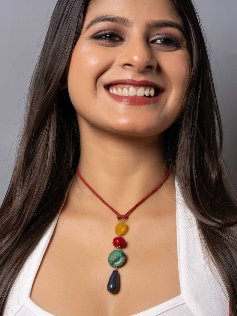 Semi Precious Yellow Red Green Blue Onyx Agate Chrysocholla Lapis Lazuli Sleek Necklace With Adjustable Suede Cord : LAANP289