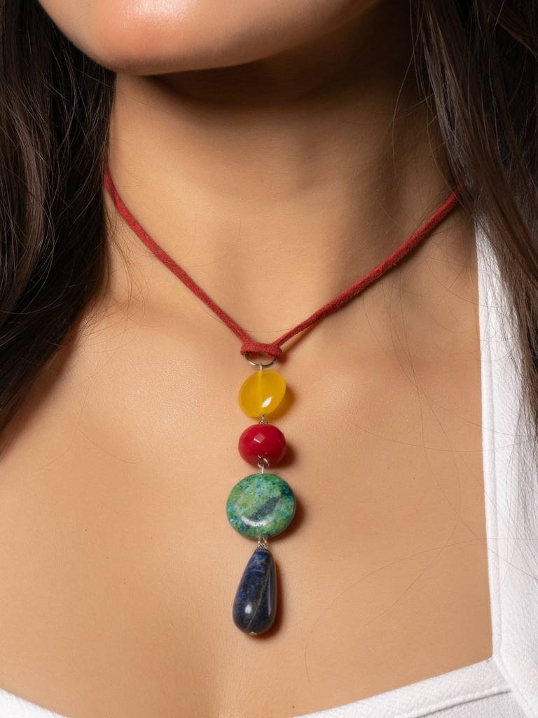 Semi Precious Yellow Red Green Blue Onyx Agate Chrysocholla Lapis Lazuli Sleek Necklace With Adjustable Suede Cord : LAANP289