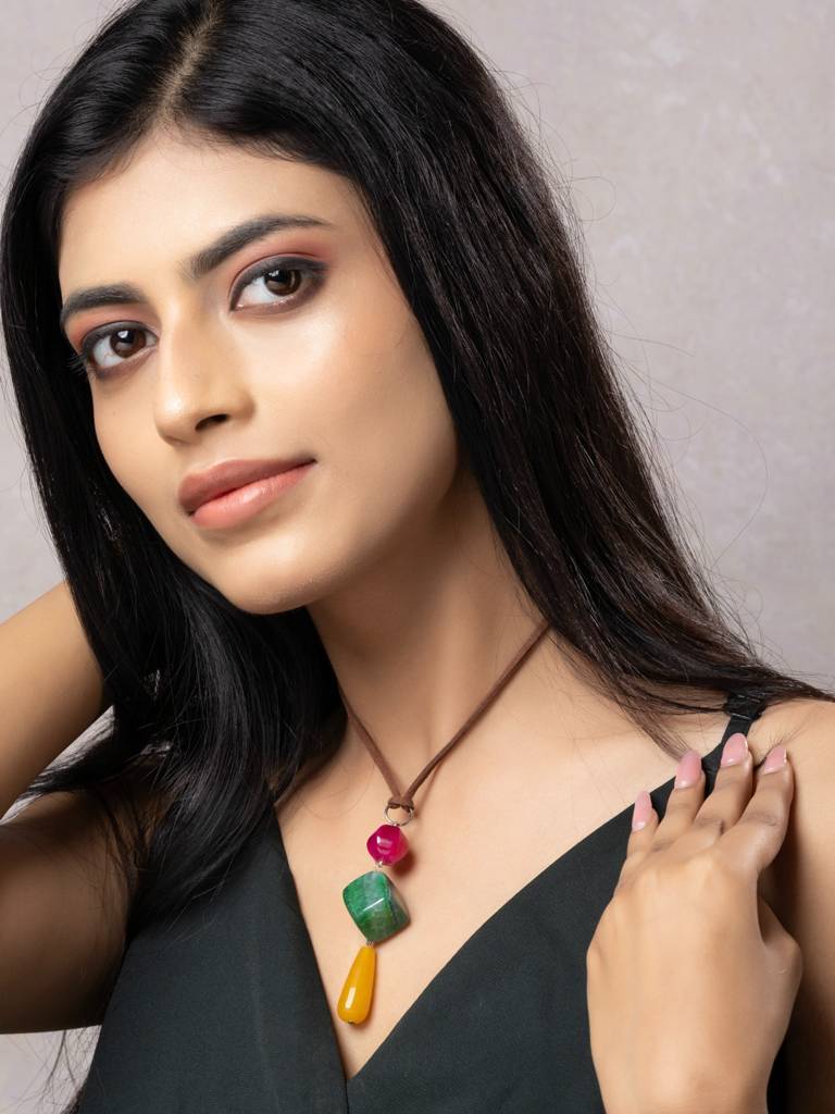 Semi Precious Pink Green Yellow Onyx Agate Sleek Necklace With Adjustable Suede Cord : LAANP294