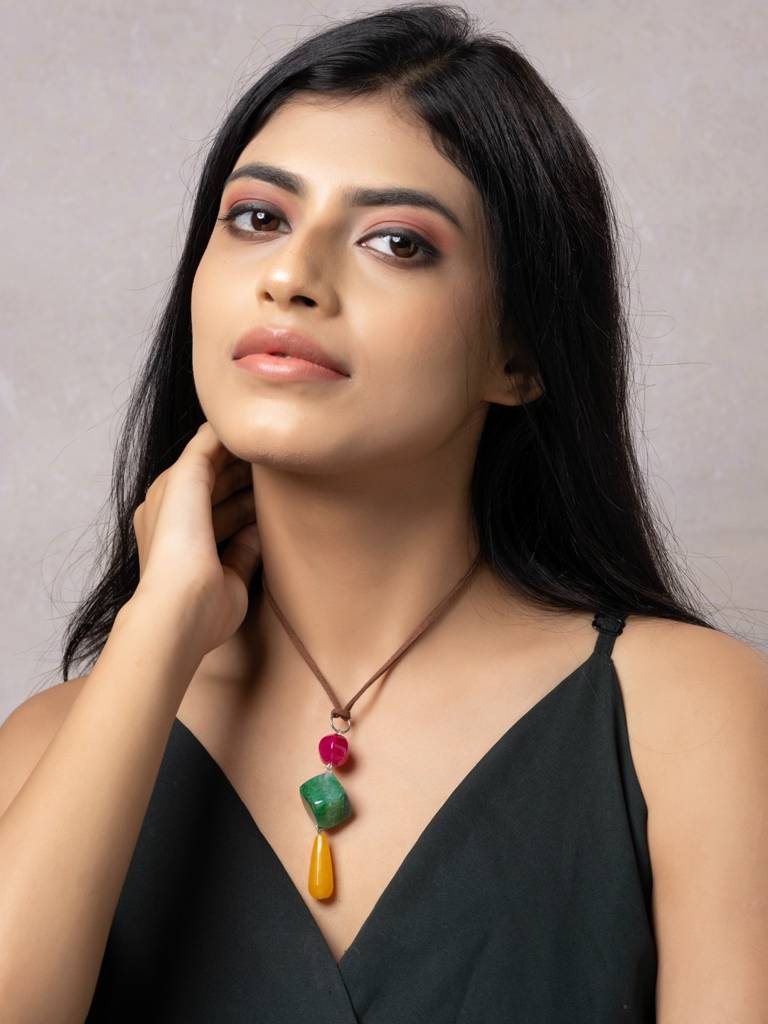Semi Precious Pink Green Yellow Onyx Agate Sleek Necklace With Adjustable Suede Cord : LAANP294