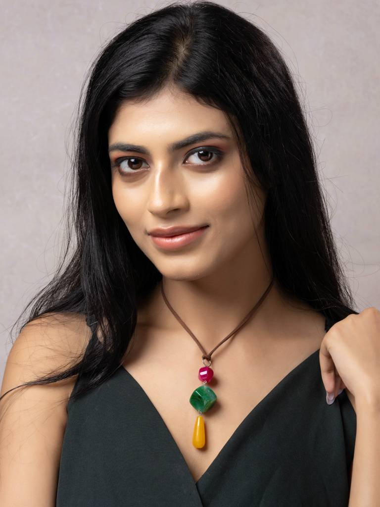 Semi Precious Pink Green Yellow Onyx Agate Sleek Necklace With Adjustable Suede Cord : LAANP294