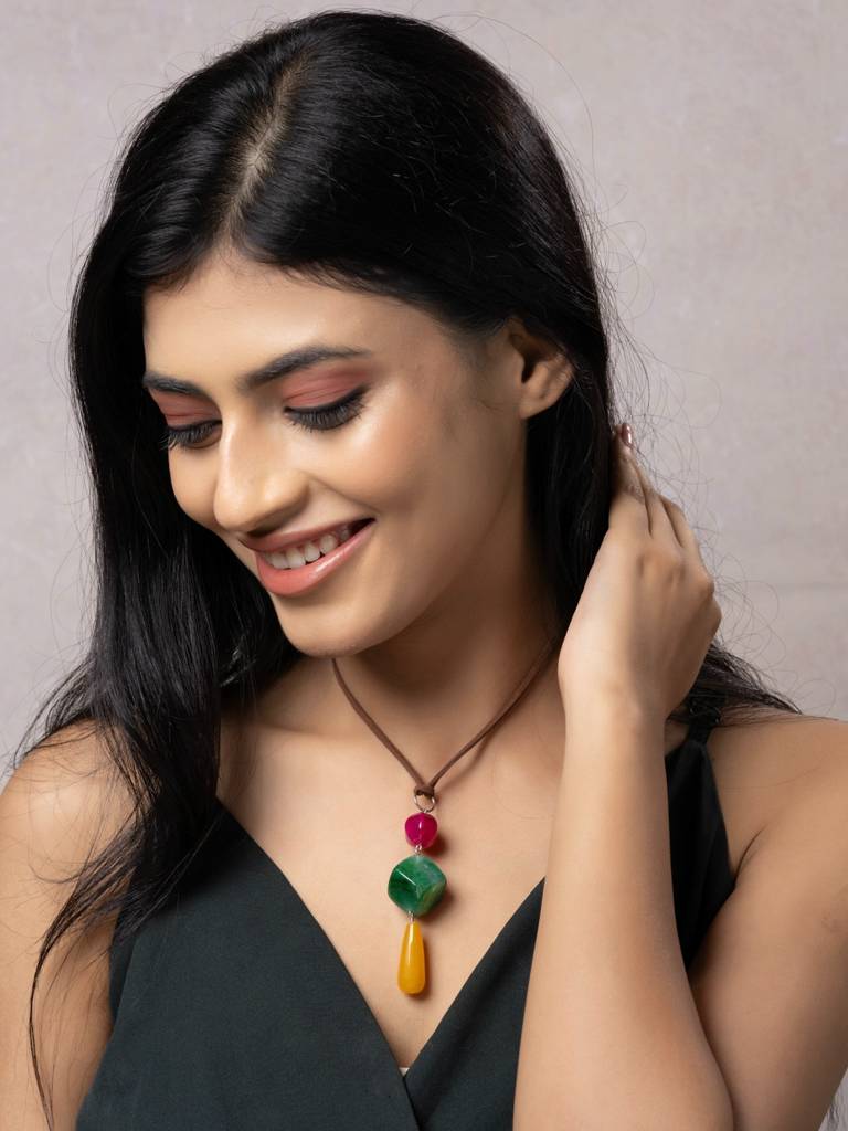 Semi Precious Pink Green Yellow Onyx Agate Sleek Necklace With Adjustable Suede Cord : LAANP294
