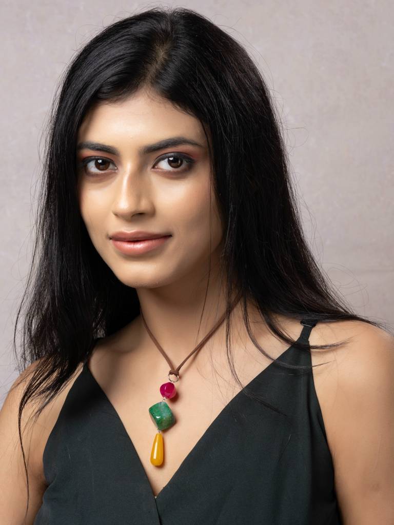 Semi Precious Pink Green Yellow Onyx Agate Sleek Necklace With Adjustable Suede Cord : LAANP294