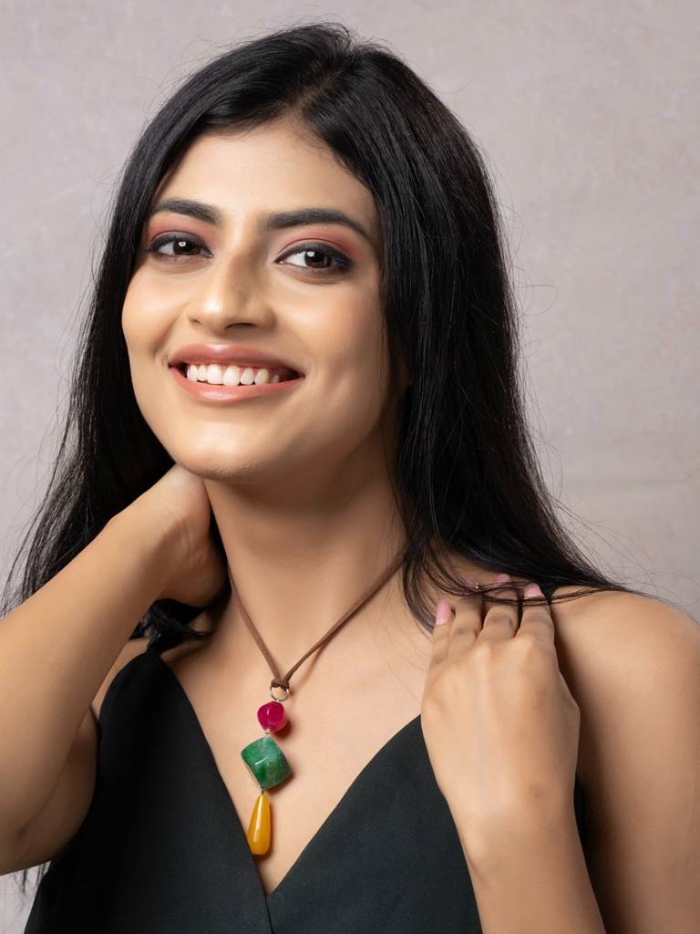 Semi Precious Pink Green Yellow Onyx Agate Sleek Necklace With Adjustable Suede Cord : LAANP294