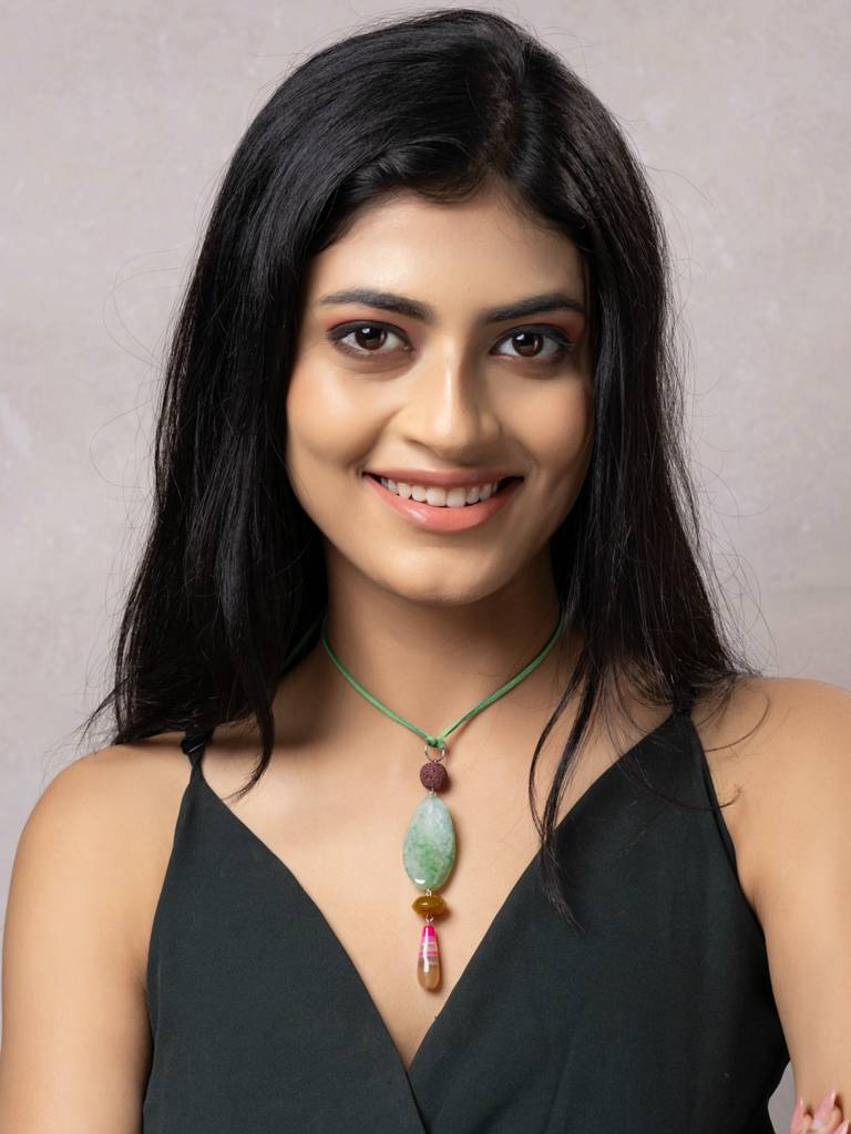 Semi Precious Pink Green Yellow Onyx Agate Lava Sleek Necklace With Adjustable Suede Cord : LAANP297