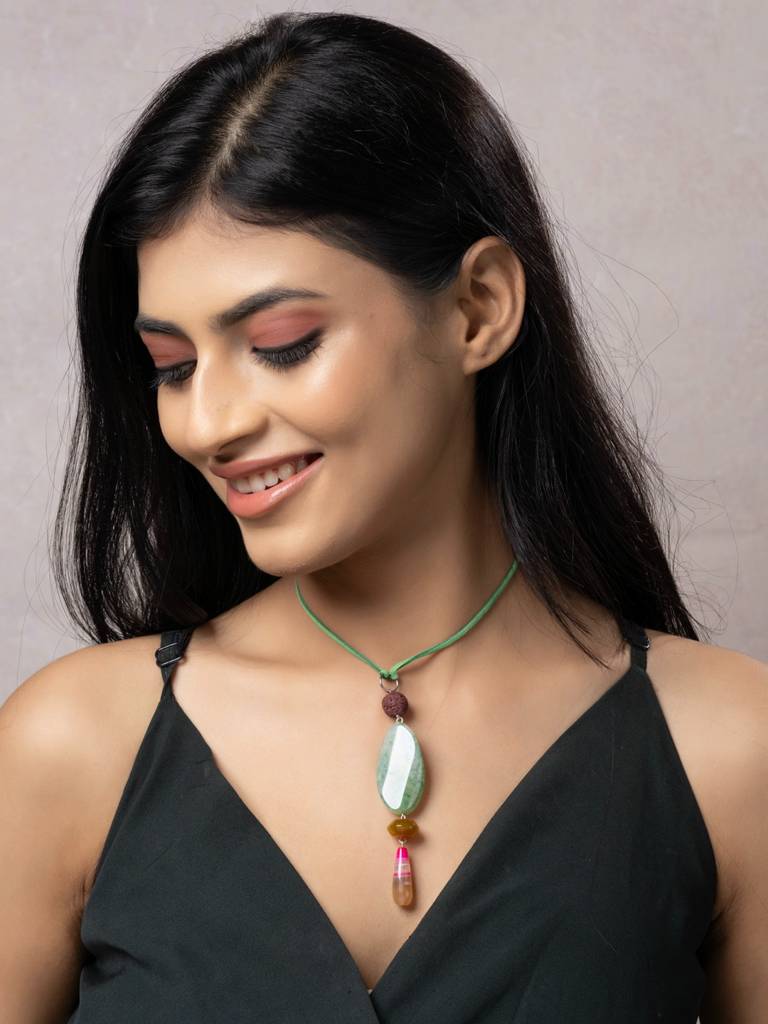 Semi Precious Pink Green Yellow Onyx Agate Lava Sleek Necklace With Adjustable Suede Cord : LAANP297