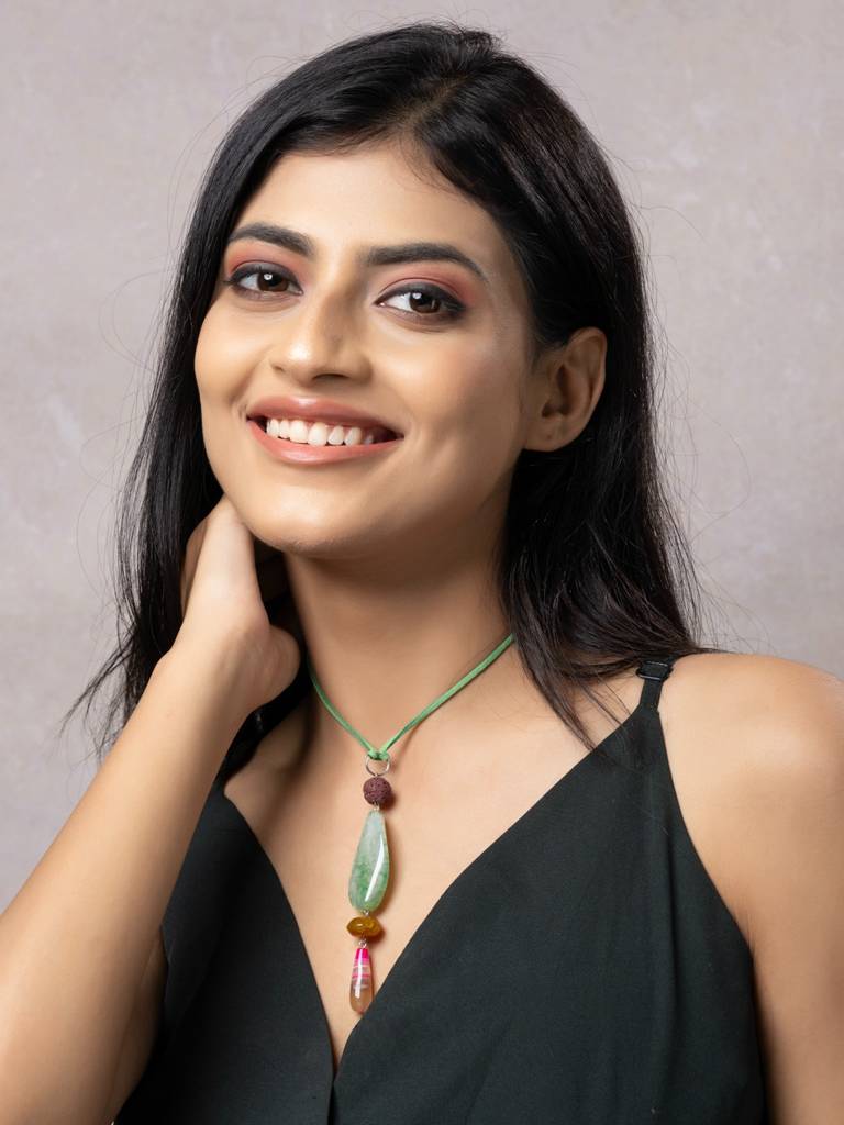 Semi Precious Pink Green Yellow Onyx Agate Lava Sleek Necklace With Adjustable Suede Cord : LAANP297