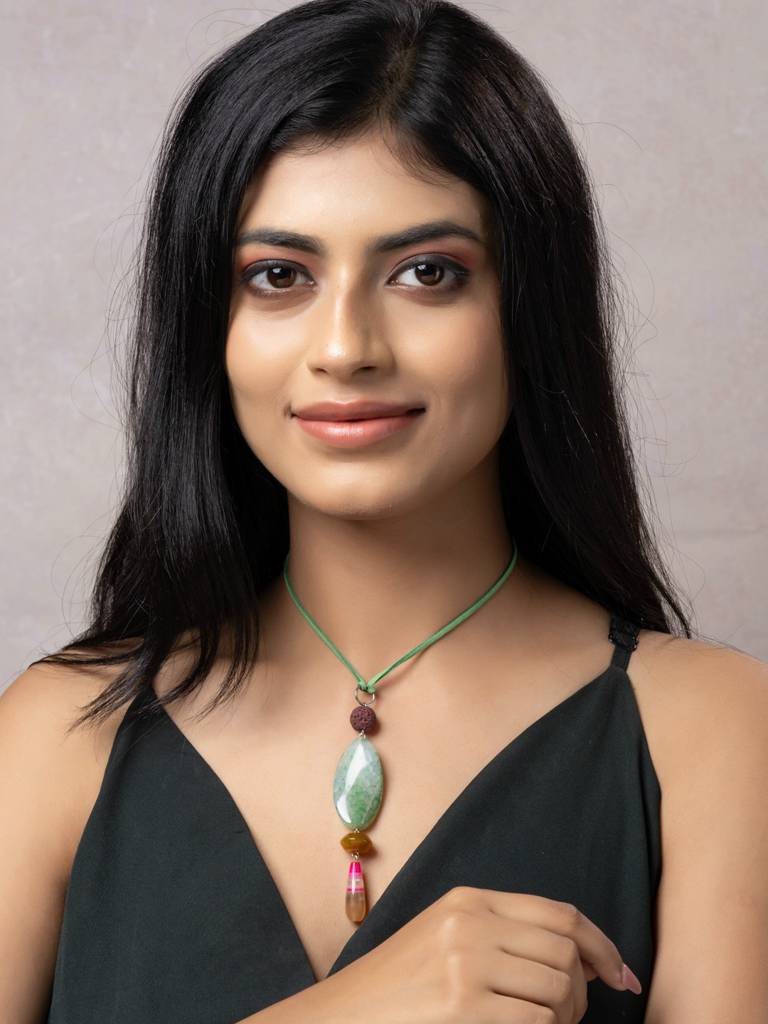 Semi Precious Pink Green Yellow Onyx Agate Lava Sleek Necklace With Adjustable Suede Cord : LAANP297