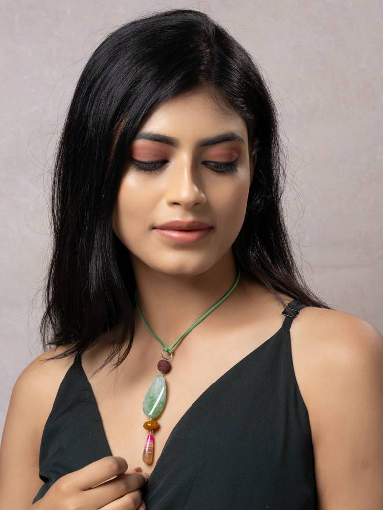 Semi Precious Pink Green Yellow Onyx Agate Lava Sleek Necklace With Adjustable Suede Cord : LAANP297