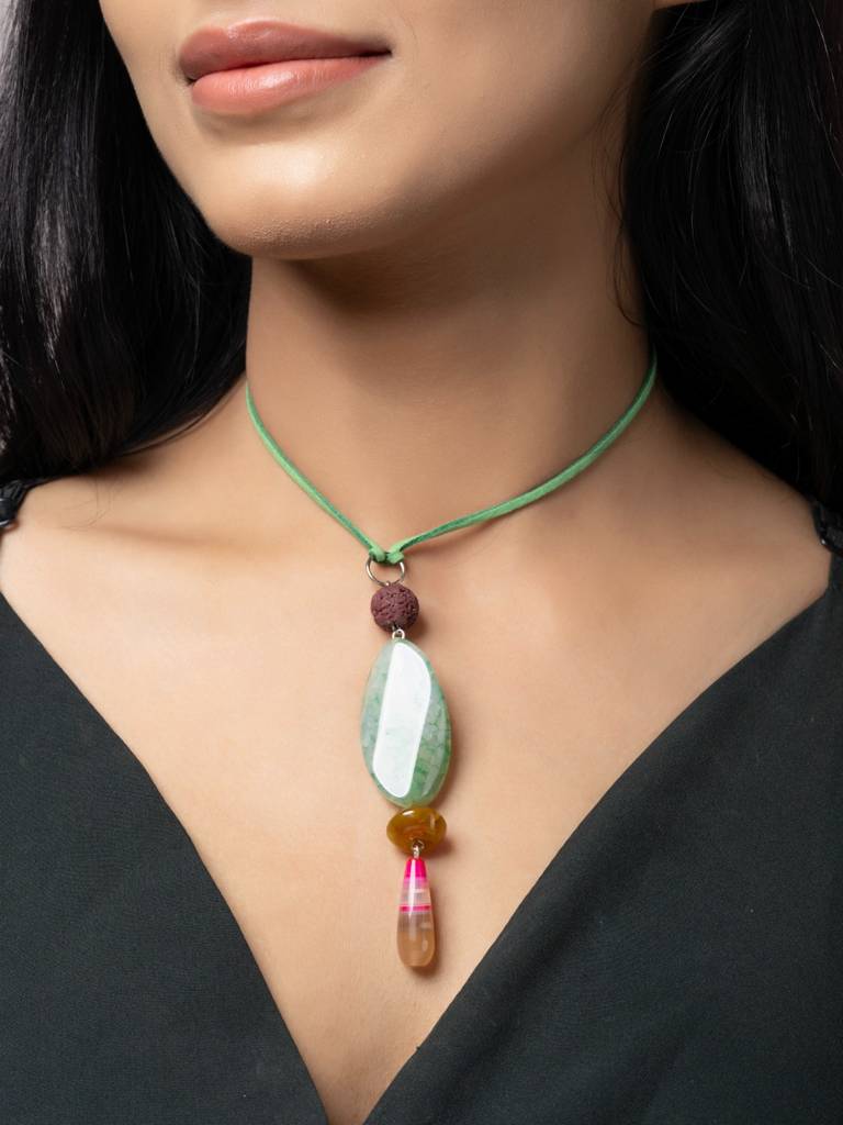 Semi Precious Pink Green Yellow Onyx Agate Lava Sleek Necklace With Adjustable Suede Cord : LAANP297