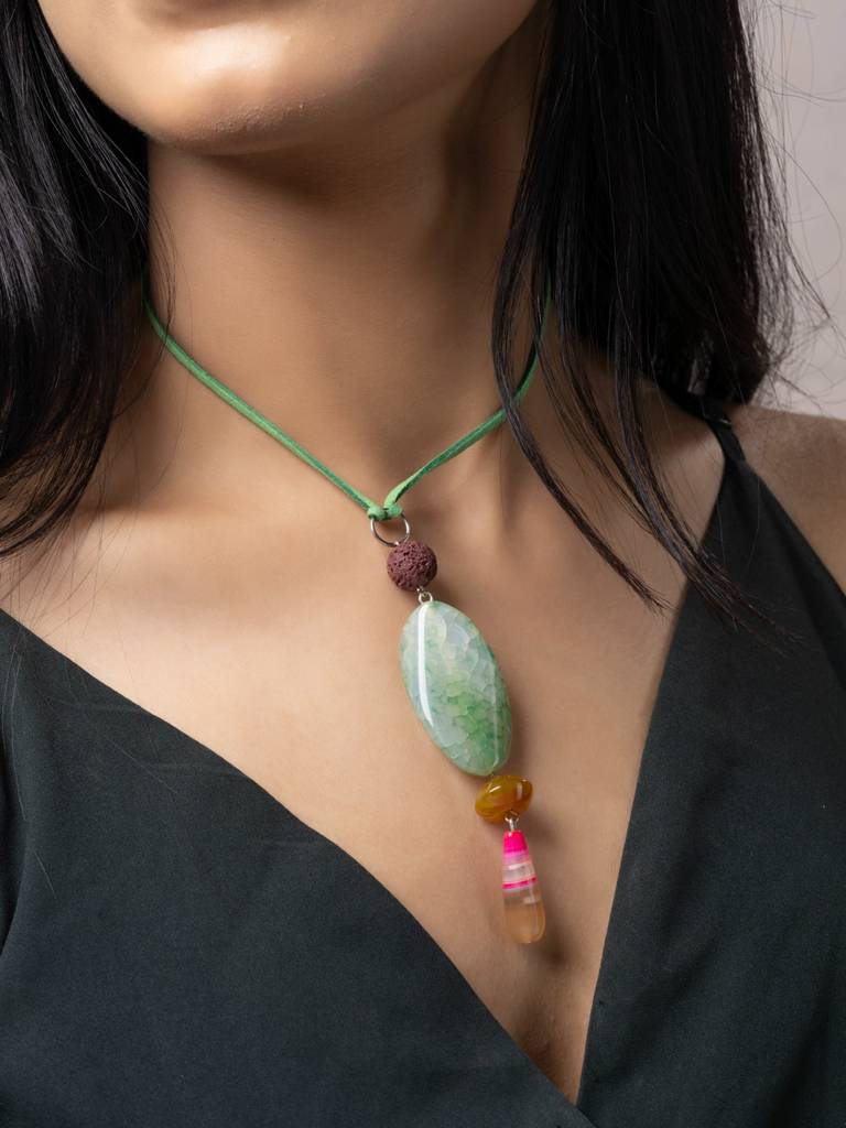 Semi Precious Pink Green Yellow Onyx Agate Lava Sleek Necklace With Adjustable Suede Cord : LAANP297
