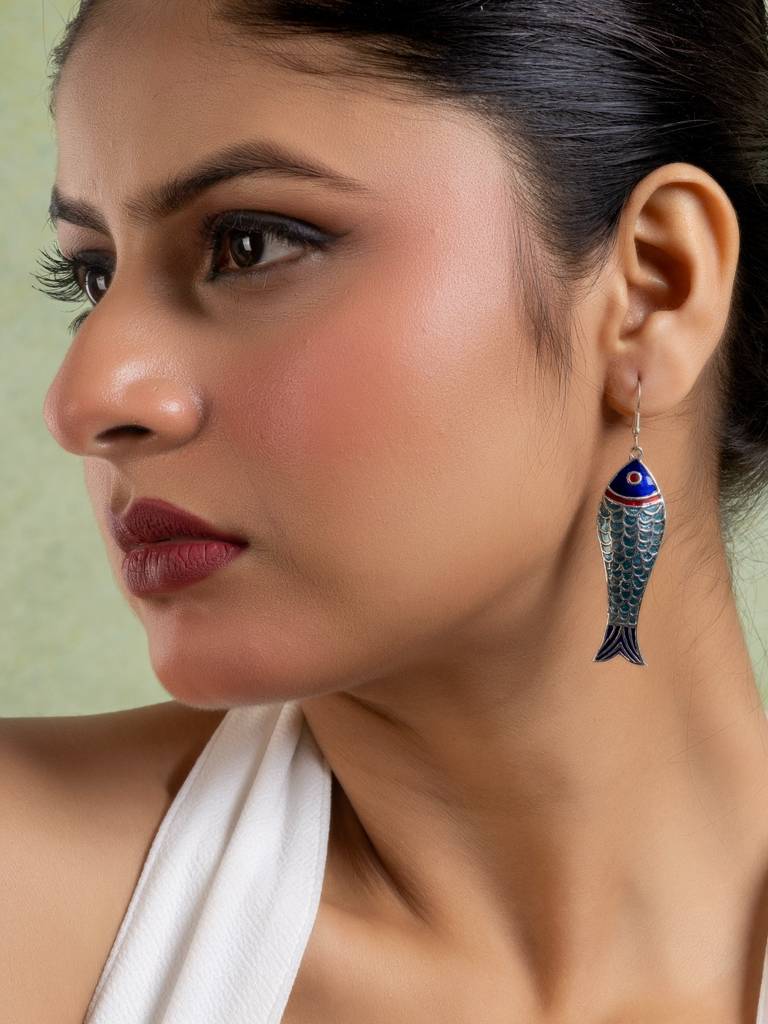 Turquoise Blue Red Fish Meenakari Enamel Earring : LAAER768