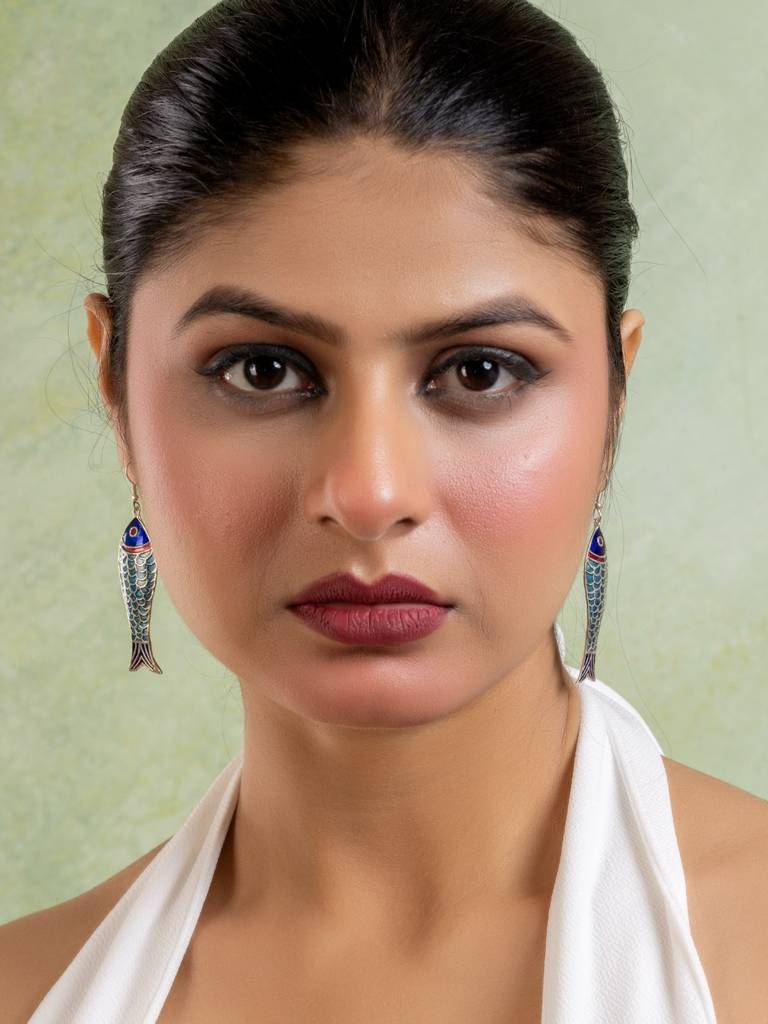 Turquoise Blue Red Fish Meenakari Enamel Earring : LAAER768
