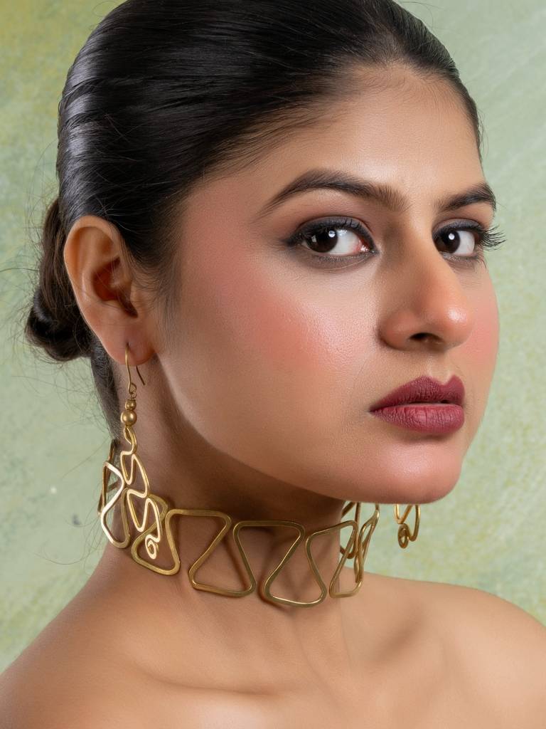 Golden Dokra Brass Choker Necklace Set With Earring : LAANP269