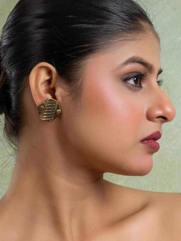 Golden Brass Hexagonal Stud Earring : LAAER780