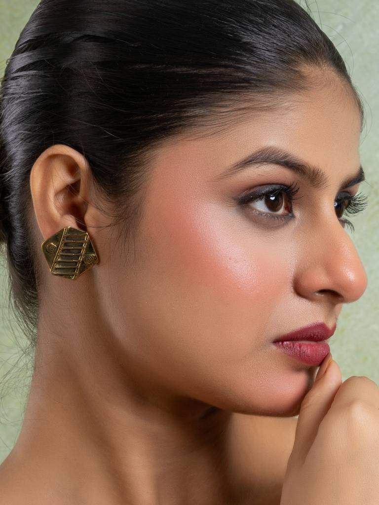 Golden Brass Hexagonal Stud Earring : LAAER780