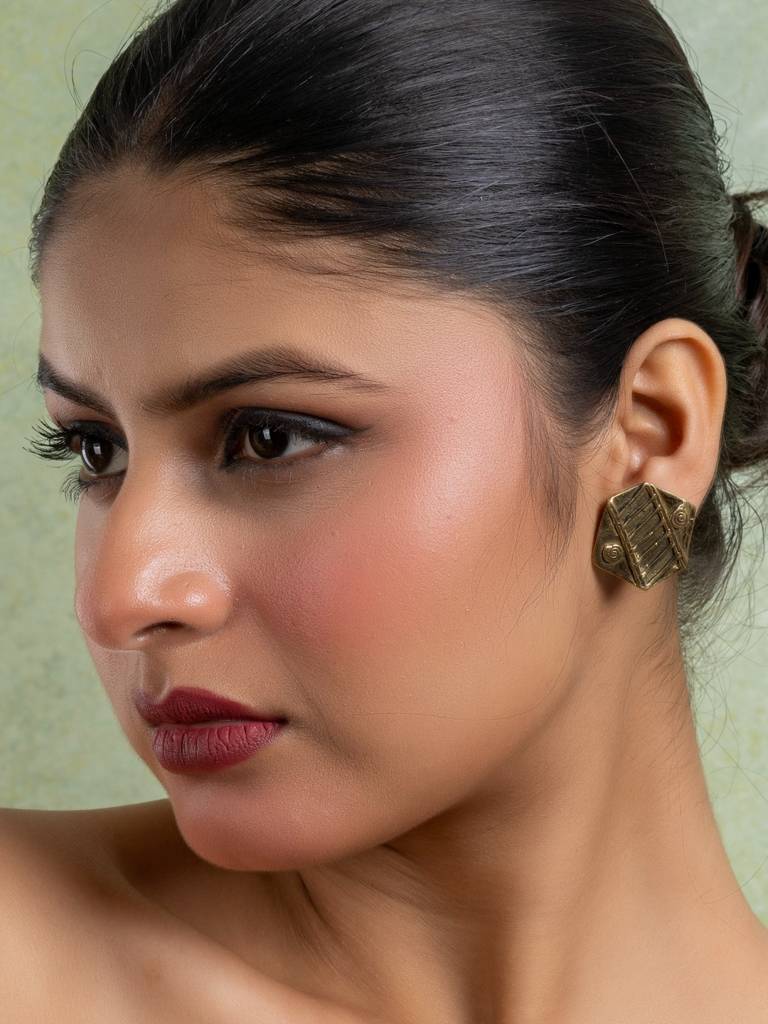 Golden Brass Hexagonal Stud Earring : LAAER780