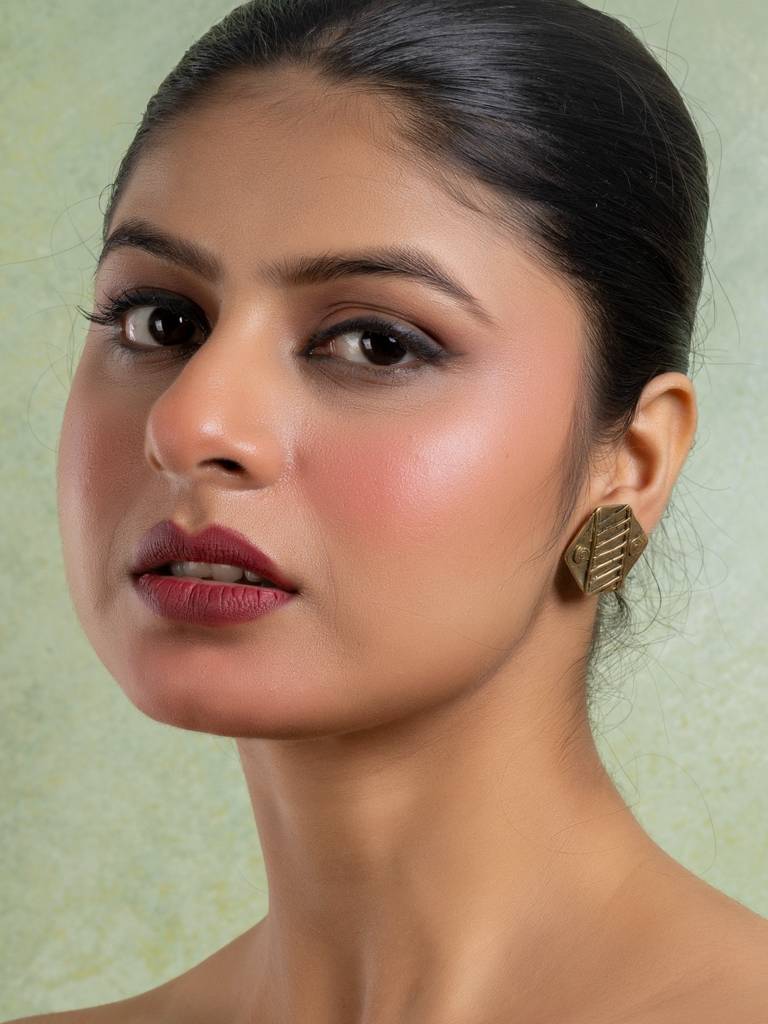 Golden Brass Hexagonal Stud Earring : LAAER780