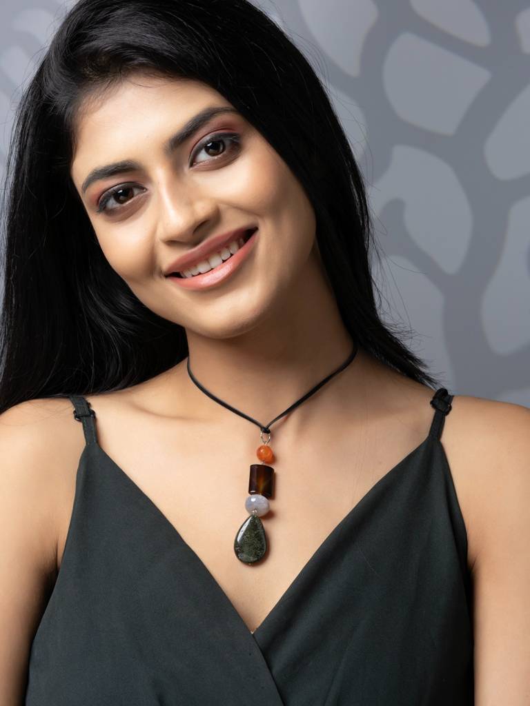 Semi Precious Brown Orange Green Onyx Agate Jasper Sleek Necklace With Adjustable Suede Cord : LAANP335