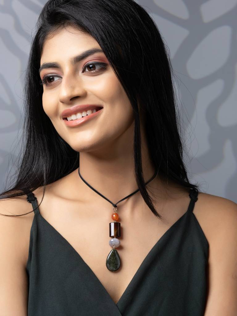 Semi Precious Brown Orange Green Onyx Agate Jasper Sleek Necklace With Adjustable Suede Cord : LAANP335