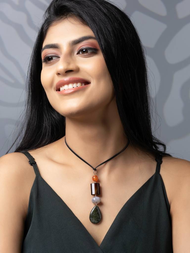 Semi Precious Brown Orange Green Onyx Agate Jasper Sleek Necklace With Adjustable Suede Cord : LAANP335