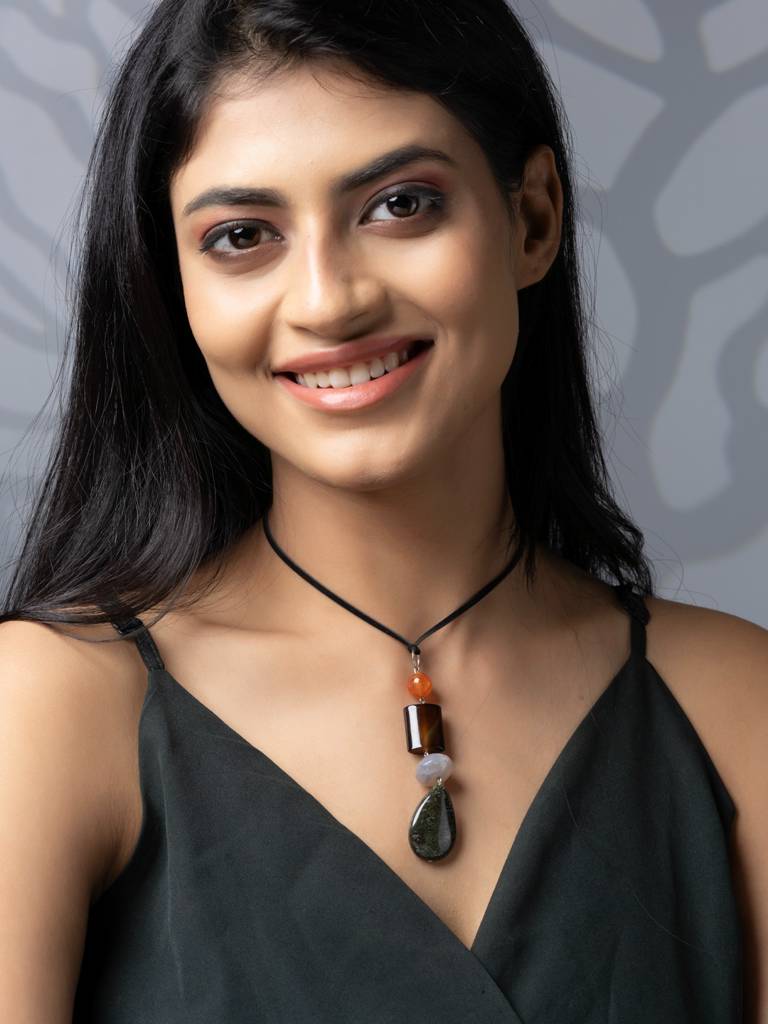 Semi Precious Brown Orange Green Onyx Agate Jasper Sleek Necklace With Adjustable Suede Cord : LAANP335